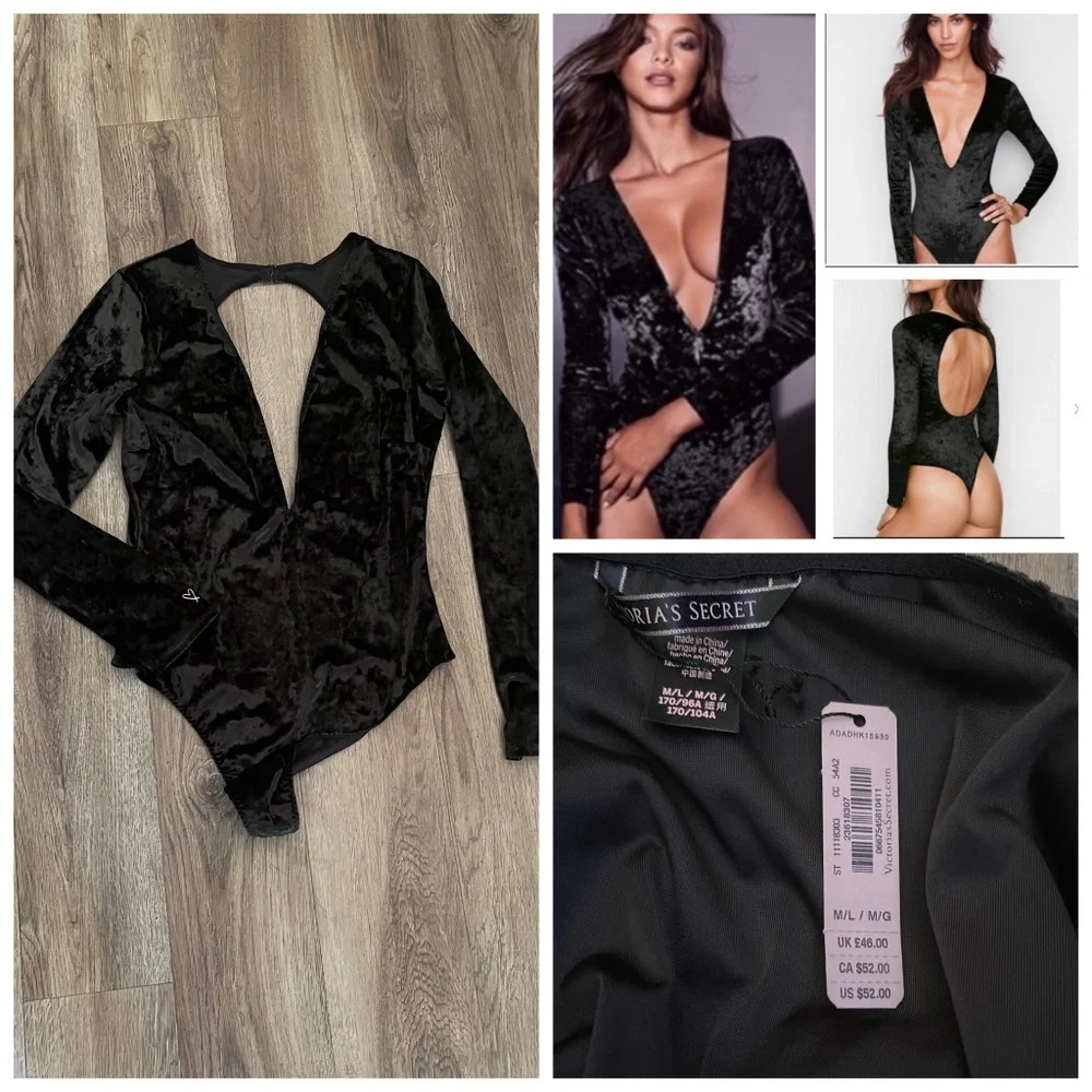 Victoria's Secret Crushed Velvet Plunge Bodysuit Black New - Picture 1 of 12